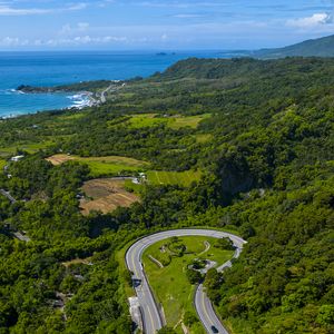 Preview wallpaper road, turn, trees, sea, nature