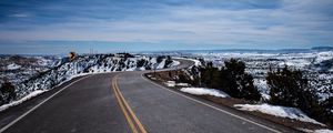 Preview wallpaper road, turn, winding, asphalt, horizon, snowy