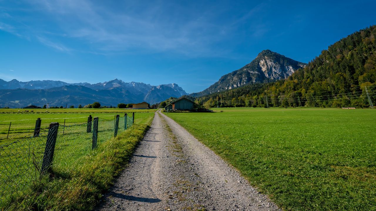 Wallpaper road, valley, houses, mountains