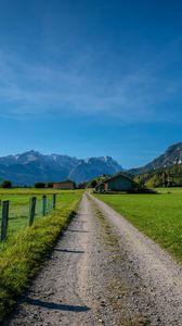 Preview wallpaper road, valley, houses, mountains