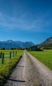 Preview wallpaper road, valley, houses, mountains