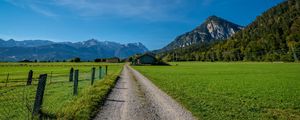 Preview wallpaper road, valley, houses, mountains