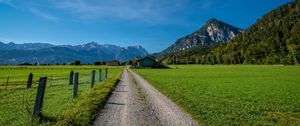 Preview wallpaper road, valley, houses, mountains