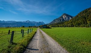 Preview wallpaper road, valley, houses, mountains