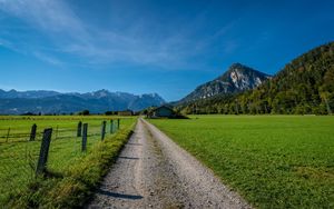 Preview wallpaper road, valley, houses, mountains