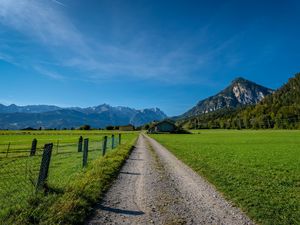 Preview wallpaper road, valley, houses, mountains