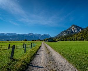 Preview wallpaper road, valley, houses, mountains