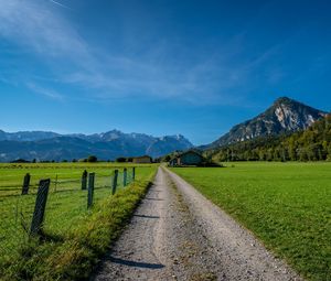 Preview wallpaper road, valley, houses, mountains