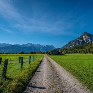 Preview wallpaper road, valley, houses, mountains