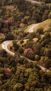 Preview wallpaper road, view from above, hills, trees