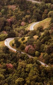 Preview wallpaper road, view from above, hills, trees