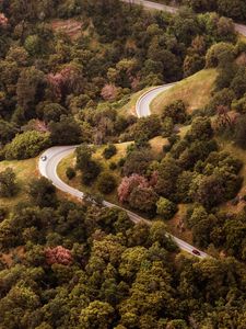 Preview wallpaper road, view from above, hills, trees