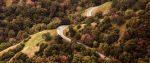 Preview wallpaper road, view from above, hills, trees