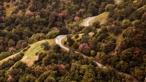 Preview wallpaper road, view from above, hills, trees