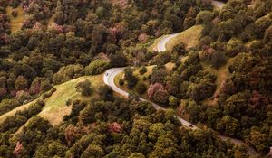 Preview wallpaper road, view from above, hills, trees