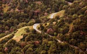 Preview wallpaper road, view from above, hills, trees