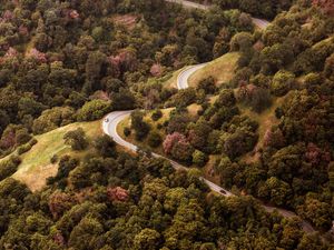 Preview wallpaper road, view from above, hills, trees