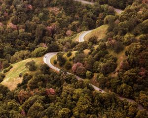 Preview wallpaper road, view from above, hills, trees