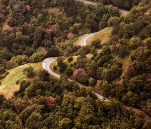 Preview wallpaper road, view from above, hills, trees