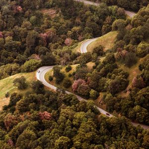 Preview wallpaper road, view from above, hills, trees