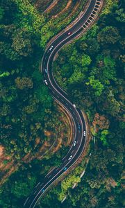 Preview wallpaper road, view from above, trees, winding road, batang kali, malaysia