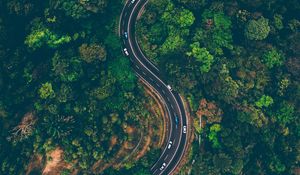 Preview wallpaper road, view from above, trees, winding road, batang kali, malaysia