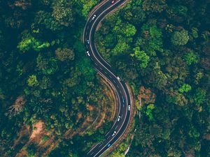 Preview wallpaper road, view from above, trees, winding road, batang kali, malaysia