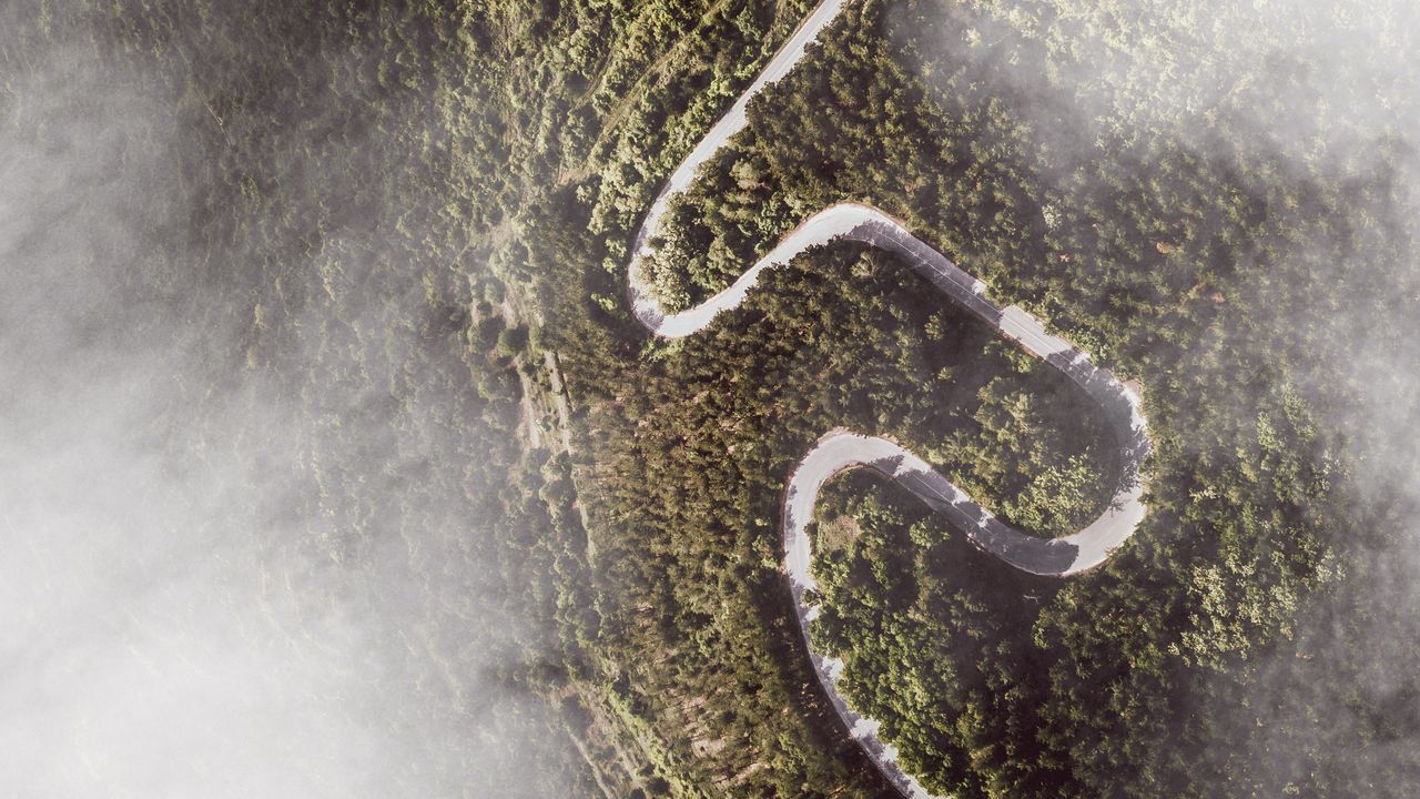 Wallpaper road, winding, aerial view, mountains, forest, clouds