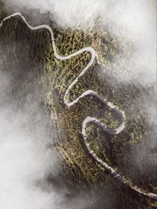 Preview wallpaper road, winding, aerial view, mountains, forest, clouds