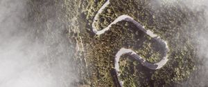 Preview wallpaper road, winding, aerial view, mountains, forest, clouds