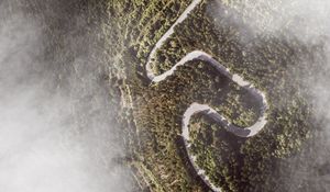 Preview wallpaper road, winding, aerial view, mountains, forest, clouds