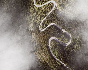 Preview wallpaper road, winding, aerial view, mountains, forest, clouds