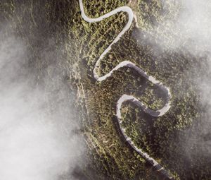 Preview wallpaper road, winding, aerial view, mountains, forest, clouds