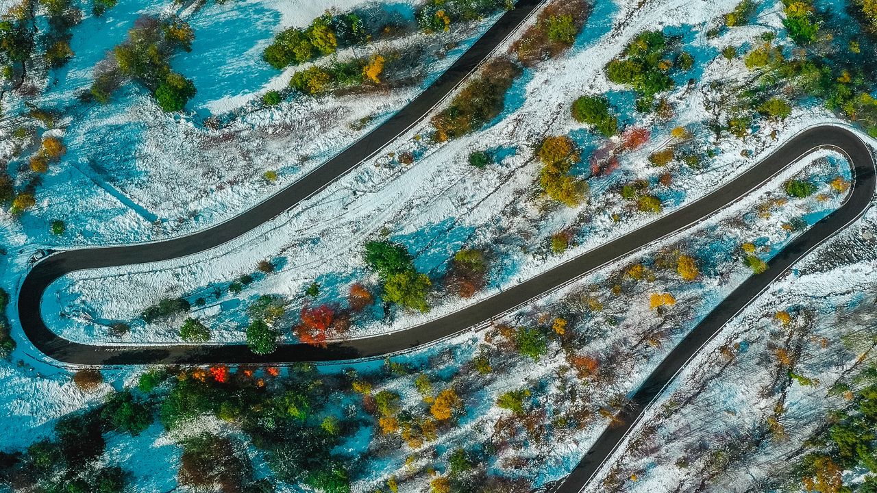 Wallpaper road, winding, aerial view, snowy, landform