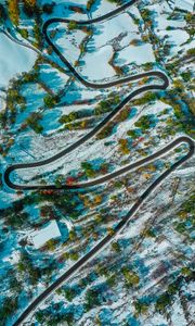 Preview wallpaper road, winding, aerial view, snowy, landform