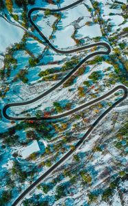Preview wallpaper road, winding, aerial view, snowy, landform