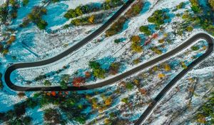 Preview wallpaper road, winding, aerial view, snowy, landform