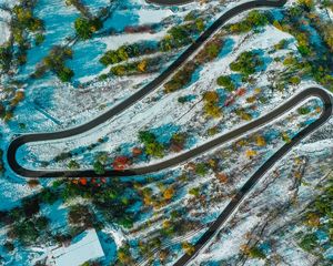 Preview wallpaper road, winding, aerial view, snowy, landform