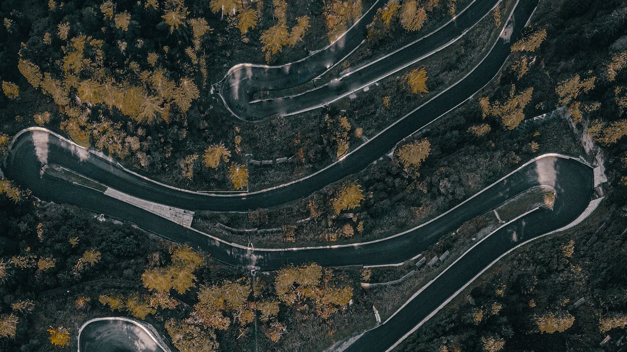 Wallpaper road, winding, aerial view, forest, trees, marking