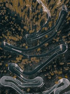 Preview wallpaper road, winding, aerial view, forest, trees, marking