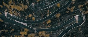 Preview wallpaper road, winding, aerial view, forest, trees, marking