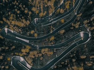 Preview wallpaper road, winding, aerial view, forest, trees, marking