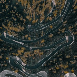 Preview wallpaper road, winding, aerial view, forest, trees, marking