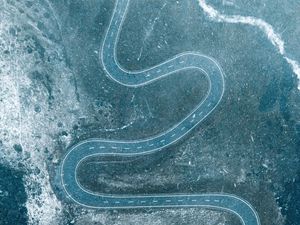 Preview wallpaper road, winding, aerial view, snow, snowy