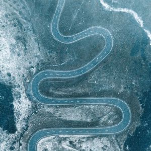 Preview wallpaper road, winding, aerial view, snow, snowy