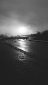 Preview wallpaper road, winding, bw, fog