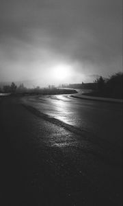 Preview wallpaper road, winding, bw, fog