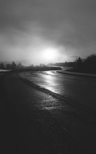 Preview wallpaper road, winding, bw, fog