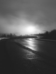 Preview wallpaper road, winding, bw, fog