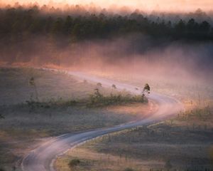 Preview wallpaper road, winding, fog, trees